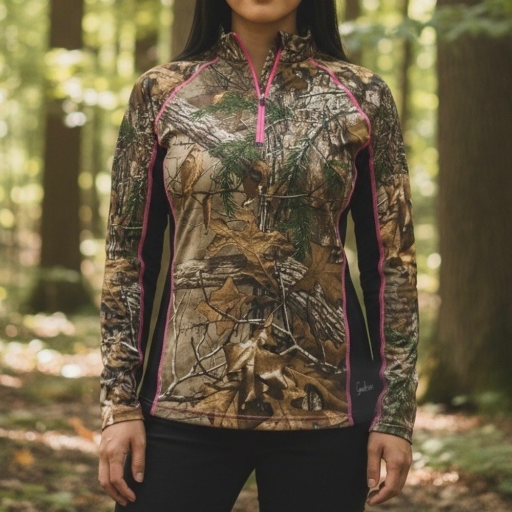 Realtree Camo Pink Trim Quarter Zip Top Womens Sz M Hunting Mossy Oak Utility